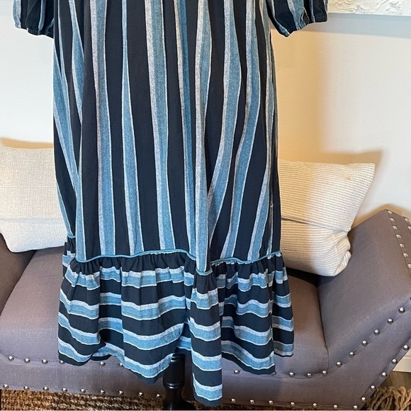 Saint Geraldine Polly Jean Midi Dress Stripes Pockets Flounce Hem Aqua Blue Sz S - Picture 3 of 9